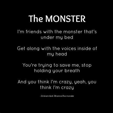 Lyrics the monster - Aug 27, 2010 · I smell a massacre. Seems to be the only way to back you bastards up. [Chorus: Kanye West] Gossip, gossip, nigga, just stop it. Everybody know I'm a motherfuckin' monster. I'ma need to see your ... 